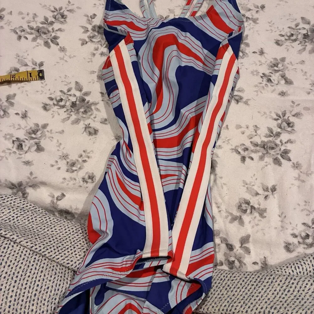 NWOT $218 Sz Medium TORY BURCH SPORT ONE-PIECE SWIMSUIT Patriotic Swirl